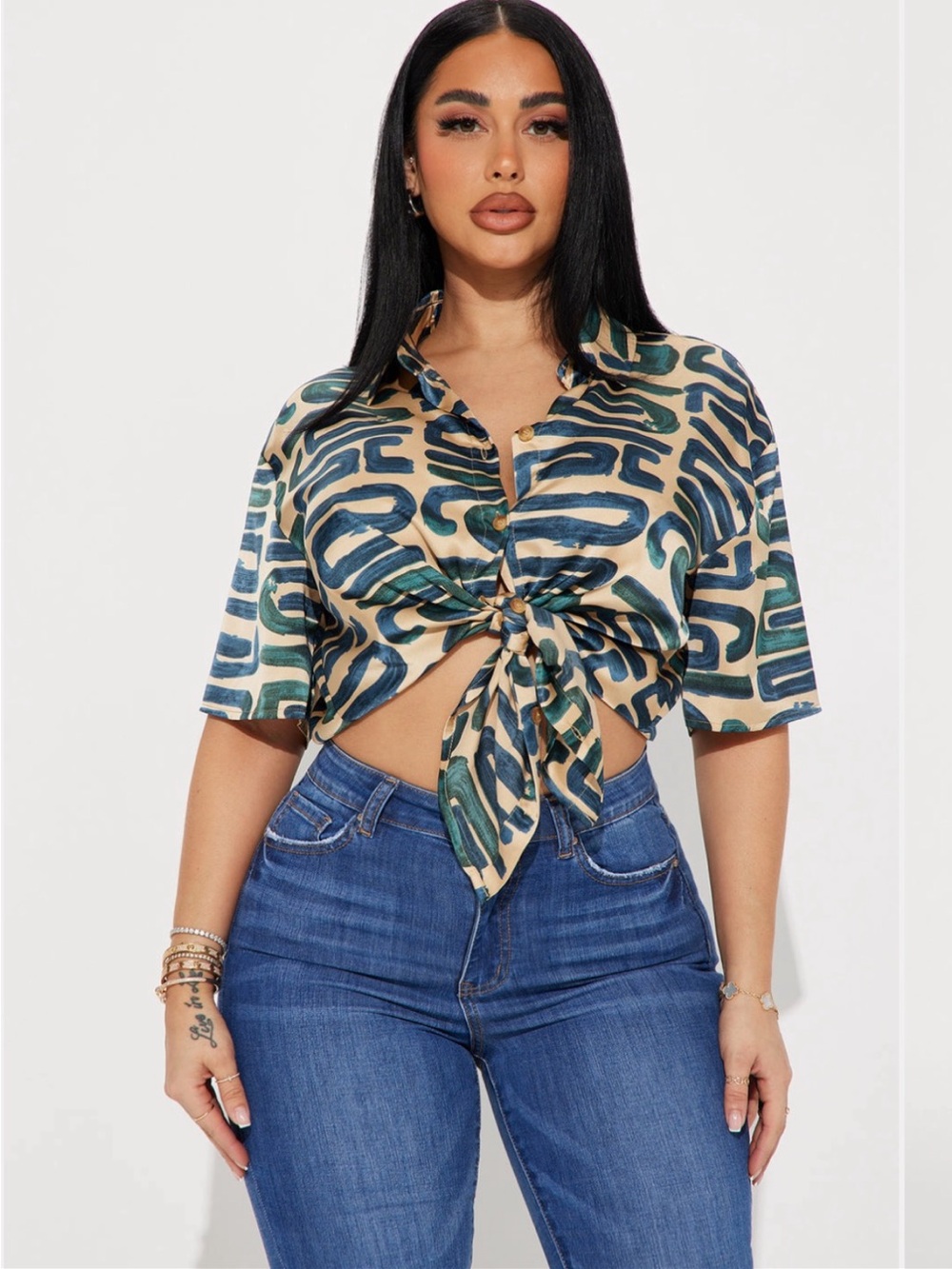 Fashion Nova Green Multi Abstract Tie-Front Button Shirt
